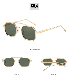 Detailed multi-angle views of square metal sunglasses with double bridge and green lenses