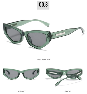 Three-angle views of retro cat eye sunglasses with green frames and silver metal details