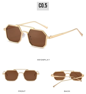 Detailed views of square double bridge sunglasses with gold frames and amber lenses