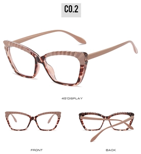 Detailed views of TR90 cat eye glasses frames showing front, back, and 45-degree angles