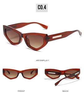 Three-angle view of amber cat eye sunglasses with silver metal temple accents