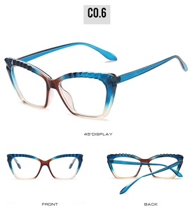 Three views of cat-eye TR90 frames with blue-brown gradient and textured top edge