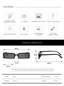 Detailed size chart for semi-rimless rhinestone sunglasses with frame dimensions