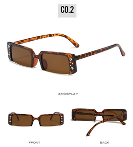 Detail view of tortoiseshell semi-rimless sunglasses with rhinestone accents from three angles