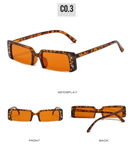 Detailed views of half-frame rhinestone sunglasses with tortoiseshell texture and orange lenses