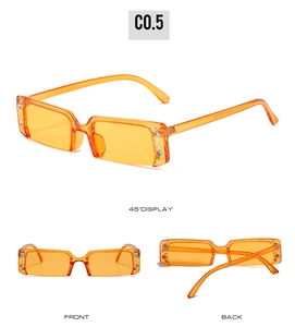 Three-angle view of orange rectangle sunglasses with rhinestone accents and resin frames