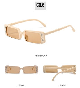 Three-view display of beige half-frame rectangular sunglasses with rhinestone accents