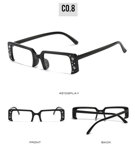 Detailed views of semi-rimless rhinestones sunglasses from front and side angles