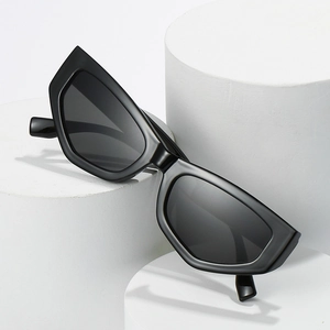 Retro geometric cat-eye sunglasses with thick black frames on white artistic display blocks