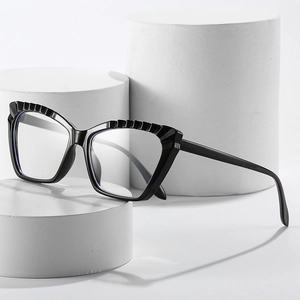 Black cat-eye TR90 blue light blocking glasses frame with textured top ridge detail
