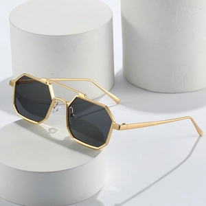 Fashionable square gold metal frame sunglasses with black geometric lenses and double bridge