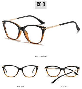 Monture de lunettes œil-de-chat avec vues frontale et à 45 degrés et branches dorées