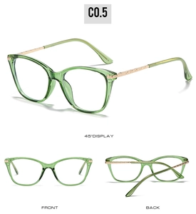 Trois angles de monture lunettes œil de chat TR90 vert avec branches dorées à maillons