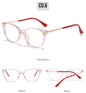 Vues détaillées de lunettes œil-de-chat roses avec branches dorées et embouts rouges