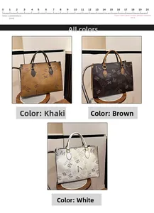 Detailed comparison of printed tote bags in khaki, brown, and white with metal hardware