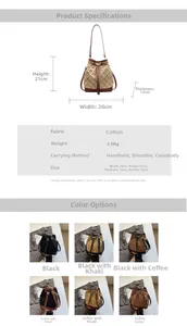 Detailed dimension guide and specifications for woven fabric bucket bag with size chart