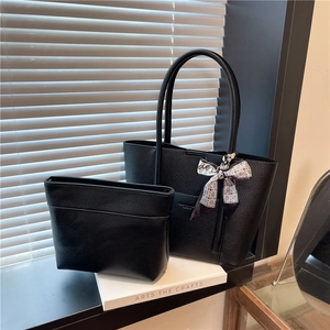 Minimalist black pebbled leather tote set with large capacity and decorative silk scarf