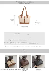 Size chart and specifications for the large capacity woven PU leather tote handbag