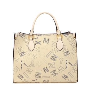 Cream white pebbled leather tote bag with letter print and gold hardware on white background