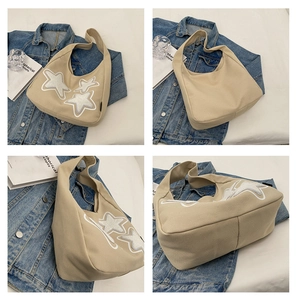 Four views of a beige canvas hobo bag featuring decorative plush white star appliques