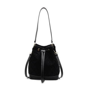 Chic black woven bucket bag with contrast white stitching and gold hardware details