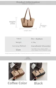 Detailed size specifications and material texture of the woven contrast stripe tote bag