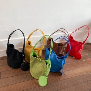 Frosted PU Suede Women Bucket Bag Large Capacity Underarm Shoulder Bag With Round Charm Minimalist Vintage Casual