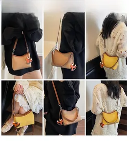 Detail shots showing retro small square shoulder bags with horse pendant in various poses