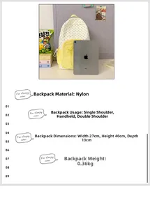 Detailed specs of nylon polka dot backpack showing 27x40x13cm size and 0.36kg weight