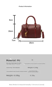 Size guide for red woven PU crossbody bag showing dimensions and adjustable strap detail