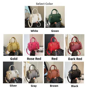 Detail showing ten available colors of the woven texture Boston shoulder handbag