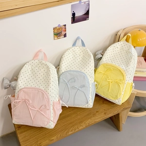 Polka Dot Nylon Backpack Schoolbag With Ribbon Bows Large Capacity For Teen Girls Preppy Style Sweet Campus Travel