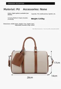 Detailed view of beige PU leather bowling bag with brown handles and specifications