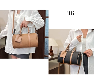 Dual view of vintage cylinder bags in solid brown and bicolor pebbled leather options