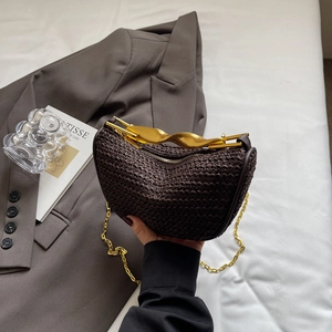 Brown woven crescent handbag with gold twisted metal handle and fine chain strap