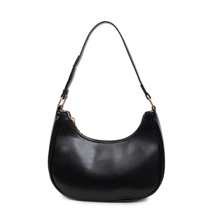 Minimalist black crescent hobo bag with adjustable strap and golden metal hardware details