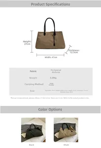 Detailed dimension guide for large matte tote bag with shoulder strap length and weight