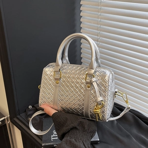 Silver woven leather Boston bag with metallic finish and gold hardware for women
