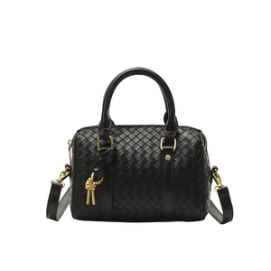 Classic black woven leather Boston bag with gold hardware and shoulder strap