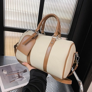 Vintage cream and brown contrast Boston bag with lychee texture and shoulder strap
