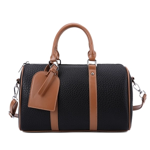 Vintage color-block Boston bag in black litchi leather with tan brown handles
