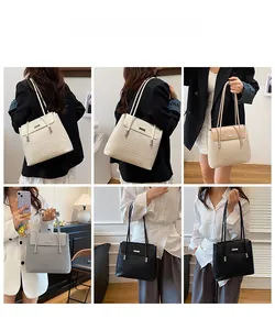 Multiple views of large shoulder tote bags in white, beige, grey, and black colors
