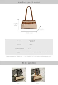 Detail view of vintage canvas underarm bag with leather strap buckle and size dimensions