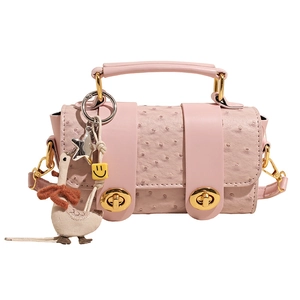 Pink ostrich pattern shoulder bag with golden buckles and cute goose pendant