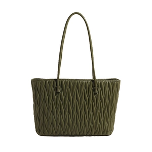 Grand sac cabas vert foncé avec surpiqûres vagues verticales et fines anses
