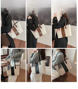 Collage of model wearing a large woven beach tote with silk scarf and leather trim detail