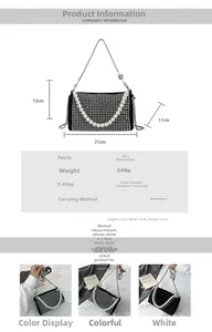 Macro view of crystal rhinestones and pearl chain strap on the Boston bag detail