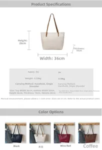 Detailed size chart for minimalist PU leather tote bag with four color options