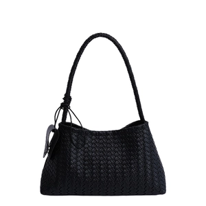 Minimalist black woven leather hobo bag with signature knot handle and texture details