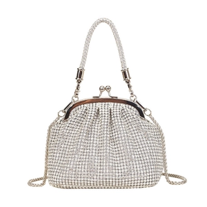 Elegante borsa da sera in strass argento con manico e tracolla in metallo da donna